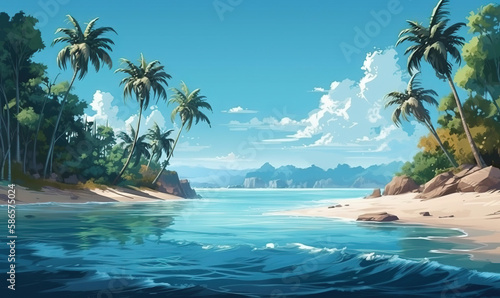  a painting of a tropical beach with palm trees and a blue sky in the background with clouds in the sky and water in the foreground.  generative ai