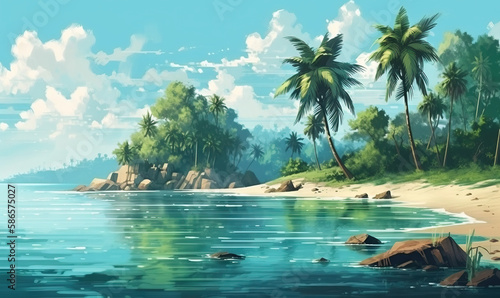  a painting of a tropical beach with palm trees and a blue sky with white clouds and a blue ocean with rocks and a small island in the foreground.  generative ai © Anna