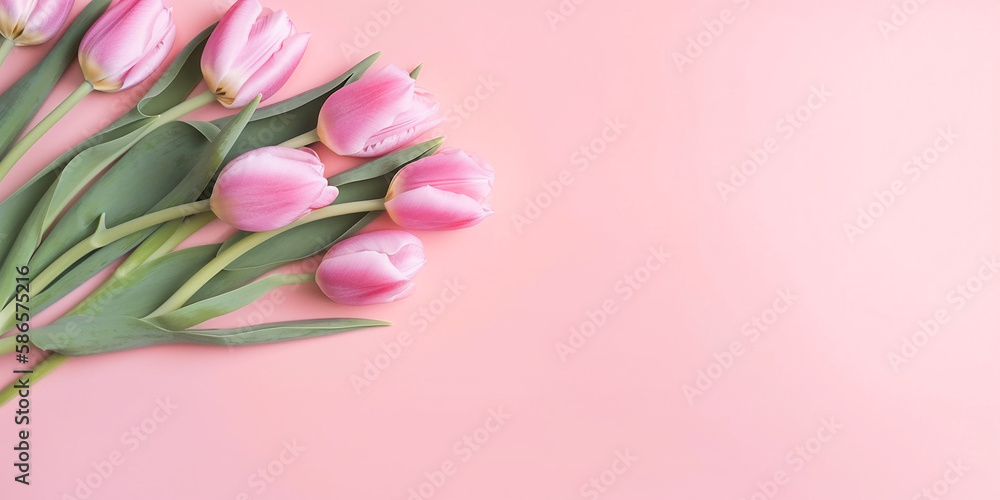 Mother's day, Valentine's Day background concept with pink tulip flowers. Generative AI.
