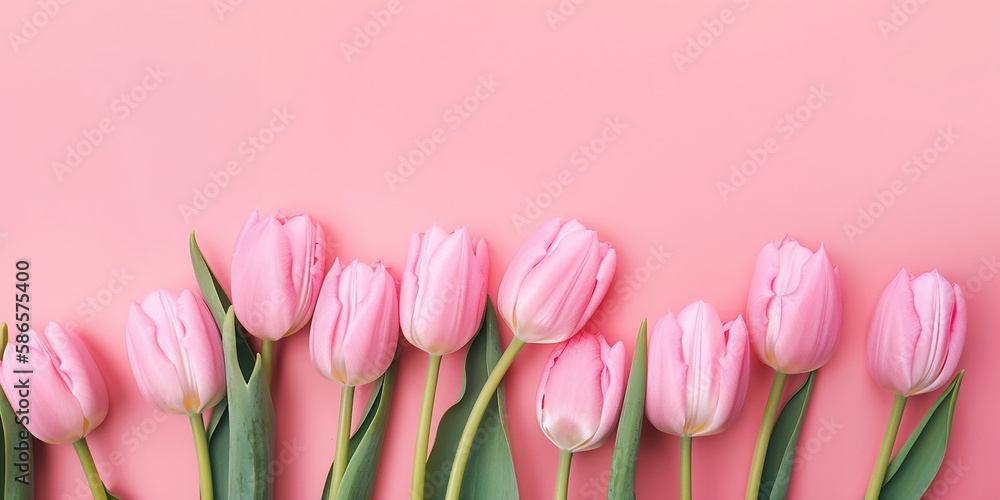Fototapeta premium Mother's day, Valentine's Day background concept with pink tulip flowers. Generative AI.