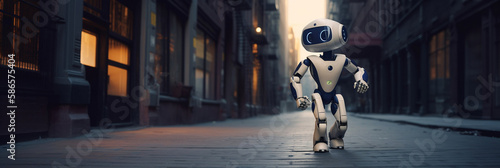 Cute artificial intelligence robot, Android, running. Generative AI.