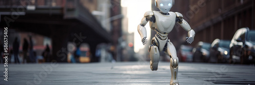 Cute artificial intelligence robot, Android, running. Generative AI.