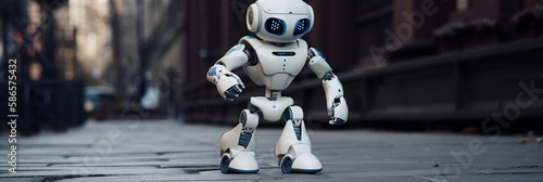 Cute artificial intelligence robot, Android, running. Generative AI.