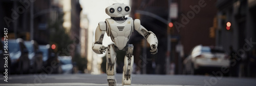 Cute artificial intelligence robot, Android, running. Generative AI.