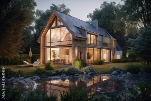 beautifully illuminated house reflecting on a pond at night. Generative AI