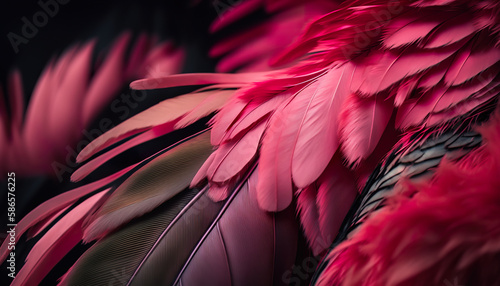 Pink color feathers bird background colored plumage. Close up photo of shimmered feathers of paradise bird. 3D realistic illustration. Creative AI photo