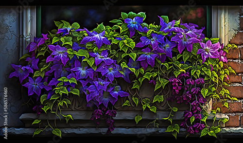  a window sill filled with purple flowers next to a brick wall and a brick wall with a window sill covered in purple flowers. generative ai