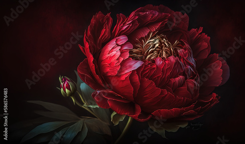 Fototapeta Naklejka Na Ścianę i Meble -   a large red flower on a dark background with leaves and stems in the center of the flower, with a dark background with a few green leaves.  generative ai