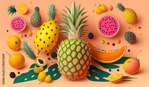  a pineapple  oranges  lemons  and other fruit on a pink background with leaves and drops of watermelon on the floor.  generative ai