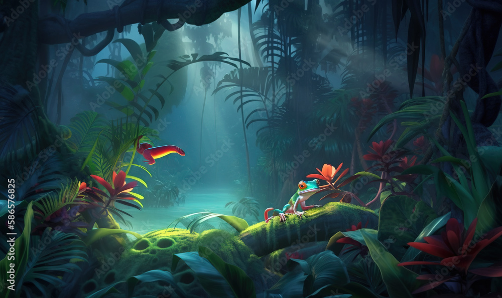  a painting of a jungle scene with plants and a bird in the foreground, and a stream running through the middle of the jungle.  generative ai