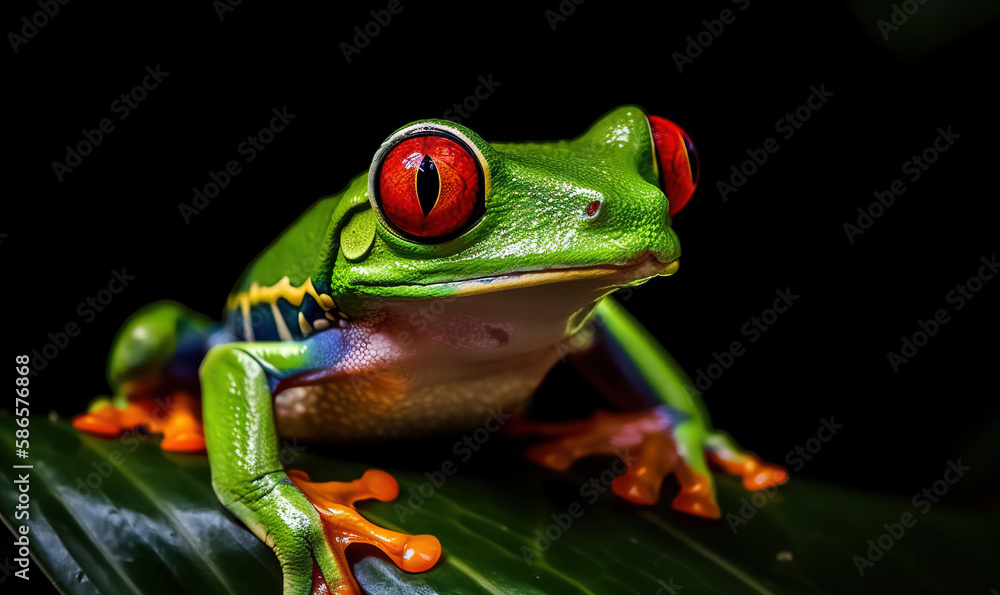 a frog with red eyes is sitting on a green leaf with a black background and a black background is also visible in the background and the frog is looking at the camera. generative ai a frog with red eyes is sitting on a green leaf with a black background and a black background is also visible in the background and the frog is looking at the camera. generative ai