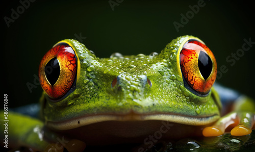  a green frog with red and yellow eyes and a black background with drops of water on it s face and a black background with a green frog s eyes.  generative ai