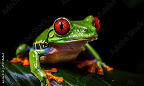  a frog with red eyes is sitting on a green leaf with a black background and a black background is also visible in the background and the frog is looking at the camera. generative ai