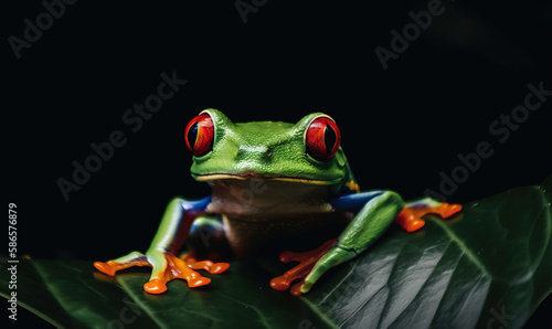  a red eyed frog sitting on top of a green leaf with red eyes on it's face and a black background with a black background. generative ai