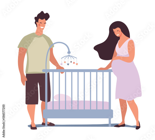 A man and a pregnant woman with a crib for a newborn, young parents are waiting for the birth of a child, young dad and mom, parenthood concept. Vector flat illustration isolated on white background.