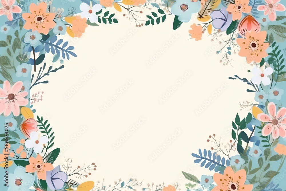  a floral frame on a blue background with a place for a message or an image to put on a greeting card or brochure.  generative ai