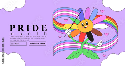 Cheerful cute character with rainbow lgbtq and transgender flag celebrate pride month or day vector flat illustration. LGBTQ social media banner or post template, greeting card on purple background.