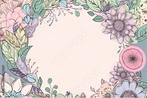  a floral frame with a pink circle surrounded by leaves and flowers on a blue background with a pink circle in the middle of the frame. generative ai