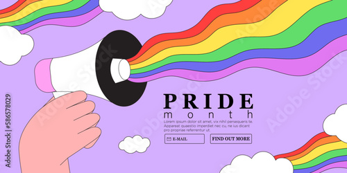 People hand hold megaphone or loudspeaker with lgbt rainbow coming out. Pride month celebration against violence, descrimination, human rights violation. Lgbtq greeting card, square banner or poster.