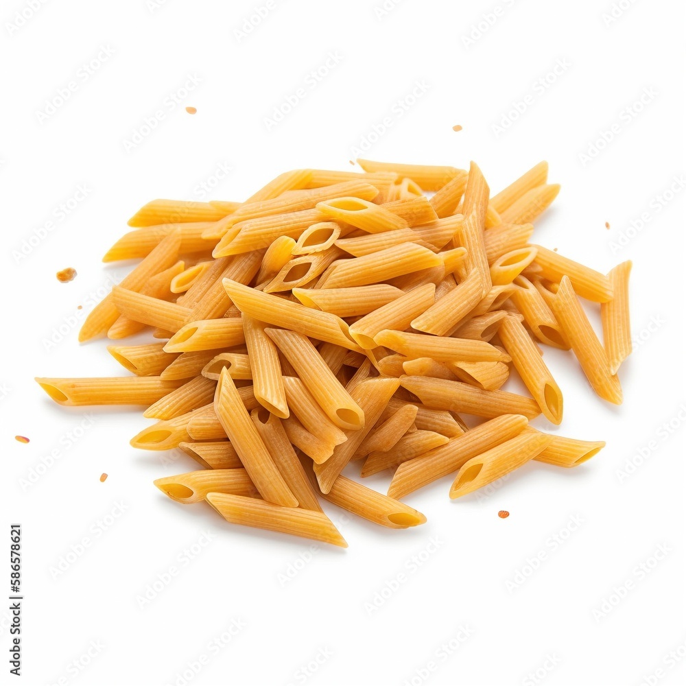 pasta isolated on white, whole grain penne rigate, generative ai pasta isolated on white, whole grain penne rigate, generative ai