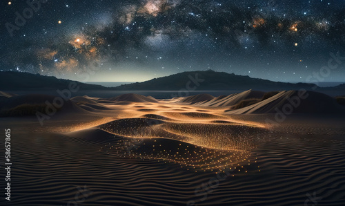  a night sky with stars above a desert landscape with sand dunes and a star filled mountain in the distance with stars in the sky above. generative ai