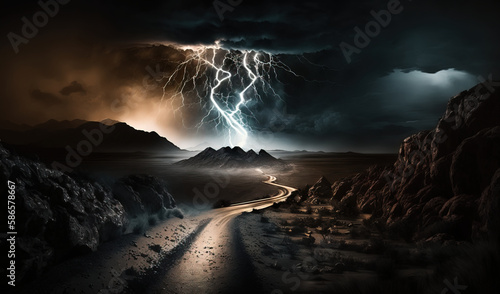  a lightning storm over a desert road with a car driving on it's way to the right of the picture and a mountain range in the background. generative ai
