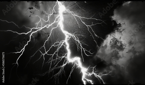  a black and white photo of a lightning storm in the night sky with clouds and birds in the foreground and a black and white photo of a lightning. generative ai