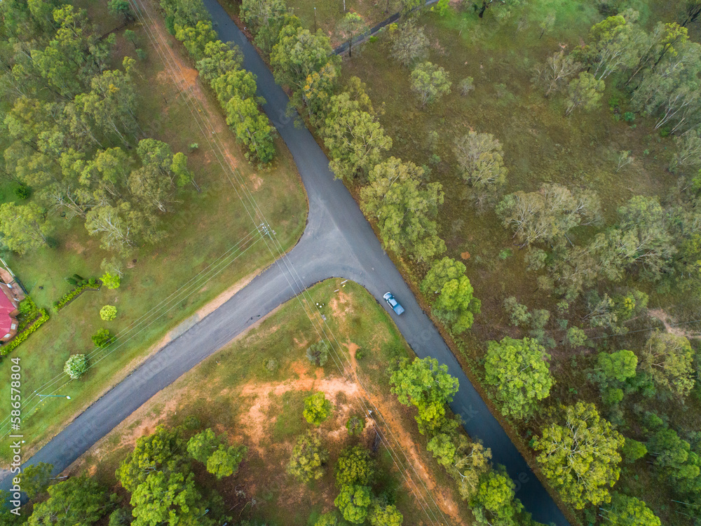 T intersection of rural roads seen from overhead T intersection of rural roads seen from overhead
