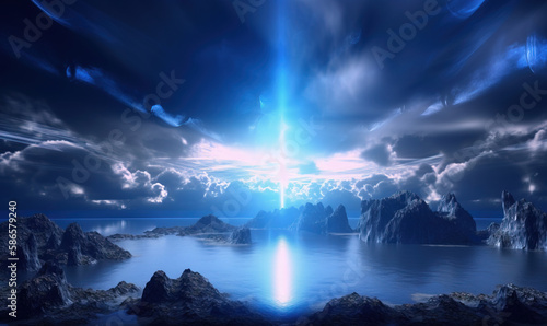  a large body of water surrounded by mountains and clouds with a bright beam in the middle of the picture, surrounded by rocks and boulders. generative ai