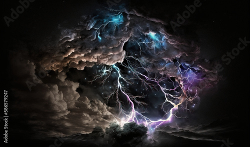  a large cloud filled with lots of lightnings in the night sky with a black sky behind it and a bright blue and purple lightening behind it. generative ai