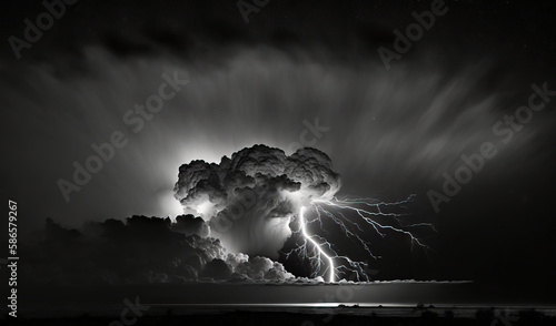  a black and white photo of a cloud with a lightning in the sky and a body of water in the foreground, with a dark sky with clouds and water below. generative ai