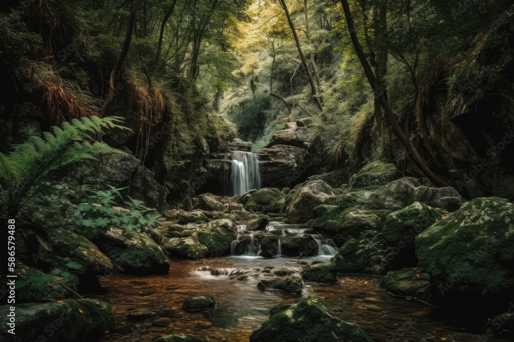 serene stream flowing through a vibrant green forest. Generative AI