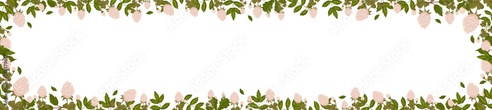 Spring horizontal frame with clover flowers, shamrock and leaves. Summer vector banner i Spring horizontal frame with clover flowers, shamrock and leaves. Summer vector banner i