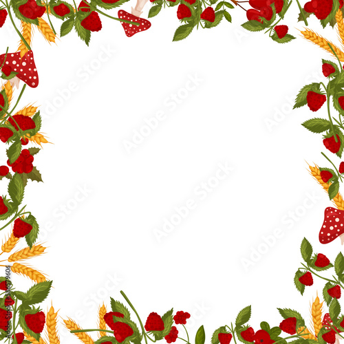 Spring square frame with raspberries  cranberries  mushrooms  fly agarics and wheat branches. Summer vector border