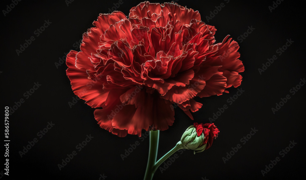 a large red flower on a black background with a green stem in the middle of the flower and a bud in the middle of the flower. generative ai a large red flower on a black background with a green stem in the middle of the flower and a bud in the middle of the flower. generative ai