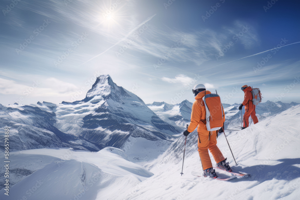 skiers on top of the mountain, AI Generated
