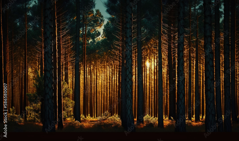 a painting of a forest at night with the sun shining through the trees and the sun shining down on the ground and the trees in the foreground. generative ai a painting of a forest at night with the sun shining through the trees and the sun shining down on the ground and the trees in the foreground. generative ai