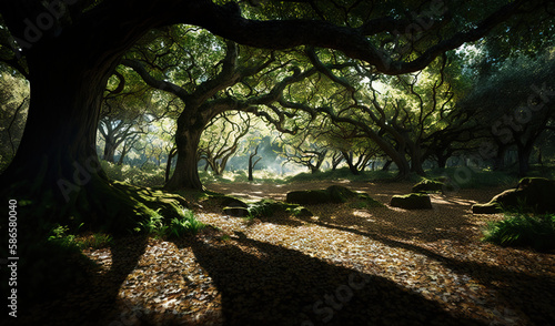  the sun shines through the trees in a forest filled with rocks and grass  and leaves on the ground  as the sun shines through the branches.  generative ai