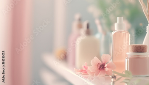 Beautiful spa concept pink background. Natural organic skin and body care cosmetic products. Indoor background with copy space. AI generative image.