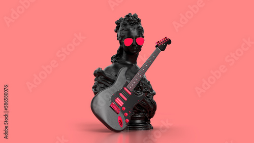 3d render bust woman with electro guitar in pink bacground