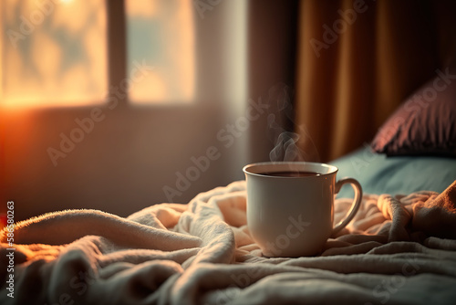 Cozy morning bedroom with cup of hot tea or black coffee. Indoor background with copy space. AI generative image.