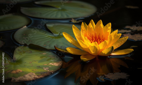  a yellow water lily sitting on top of a pond filled with water lilies and lily pad leaves in a pond with water lilies in the background. generative ai
