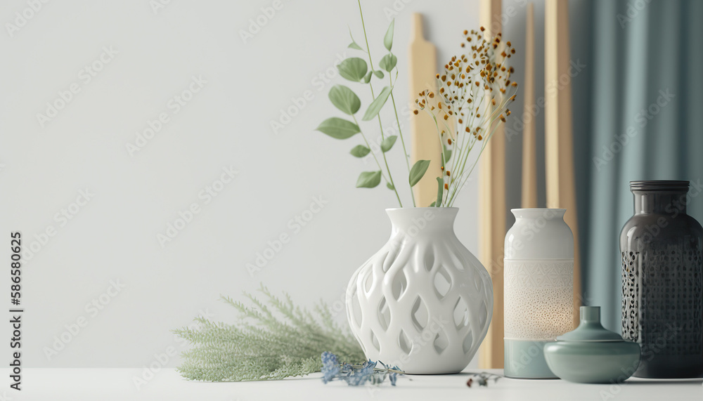 Modern minimal scandinavian style still life with plant and copy space. Light soft colored backdrop. AI generative image. Modern minimal scandinavian style still life with plant and copy space. Light soft colored backdrop. AI generative image.