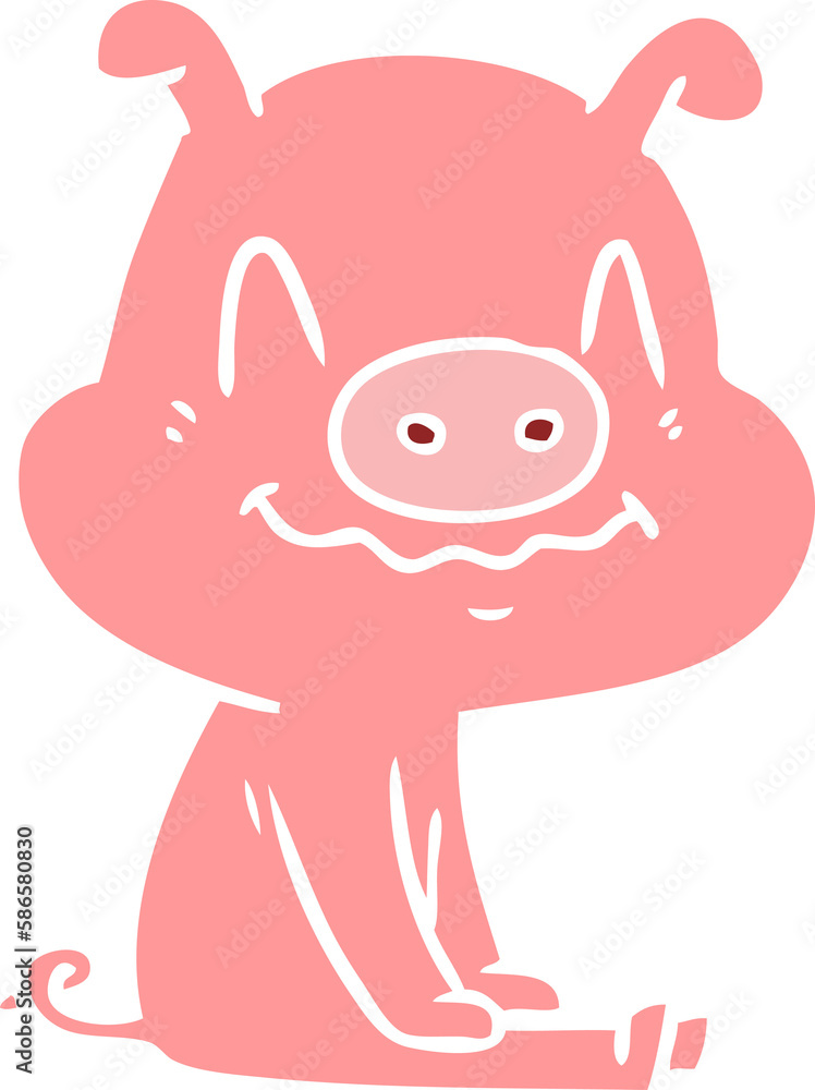 Fototapeta premium nervous flat color style cartoon pig sitting