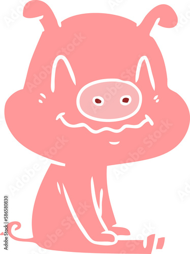 nervous flat color style cartoon pig sitting