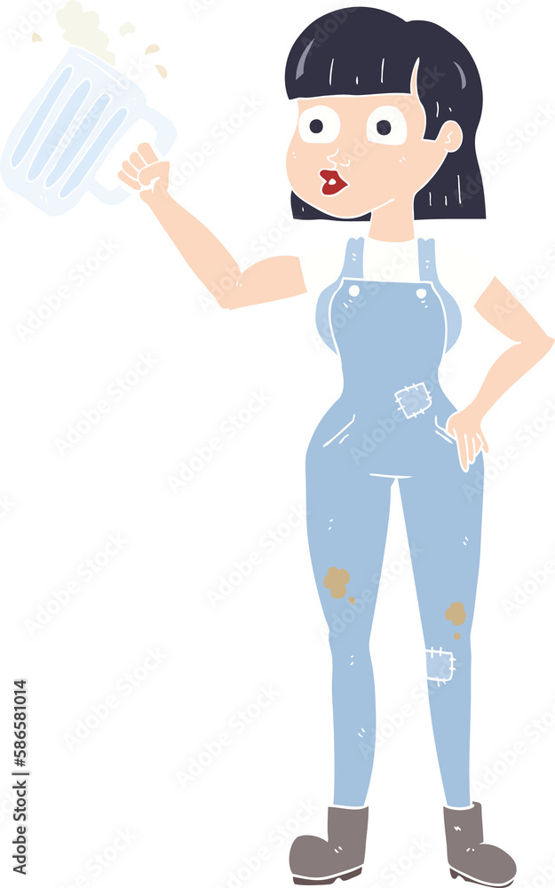 flat color illustration of a cartoon woman with beer flat color illustration of a cartoon woman with beer