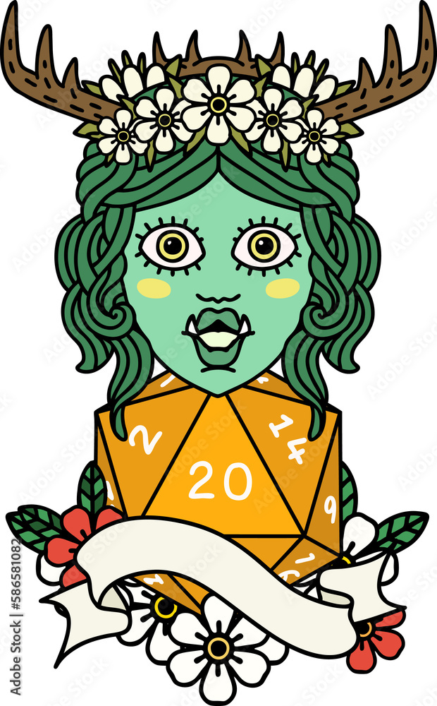 half orc druid character with natural 20 dice roll illustration half orc druid character with natural 20 dice roll illustration