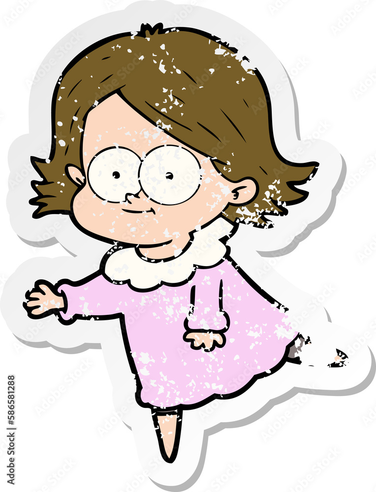 distressed sticker of a happy cartoon girl distressed sticker of a happy cartoon girl