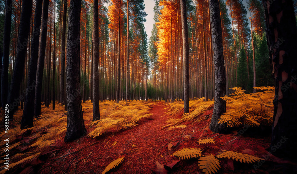 a path through a forest with lots of tall trees and yellow leaves on the ground in the foreground is a path through the woods with tall trees and yellow leaves on the ground. generative ai a path through a forest with lots of tall trees and yellow leaves on the ground in the foreground is a path through the woods with tall trees and yellow leaves on the ground. generative ai