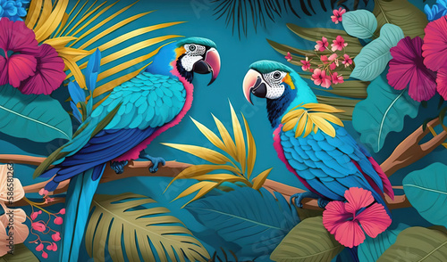  two colorful parrots sitting on a branch surrounded by tropical leaves and flowers on a blue background with pink and yellow flowers and green leaves. generative ai